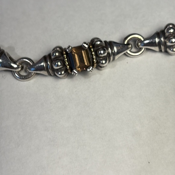 Lagos Caviar Silver and Gold Link Bracelet with 5 Emerald Cut Brown Topaz Stones - Picture 2 of 3